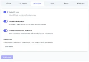 PDF ticket attachment settings for order emails