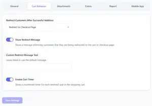 Cart redirect and reservation timer settings