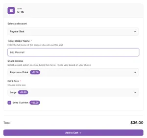 Seat booking form with custom add-on fields on the storefront