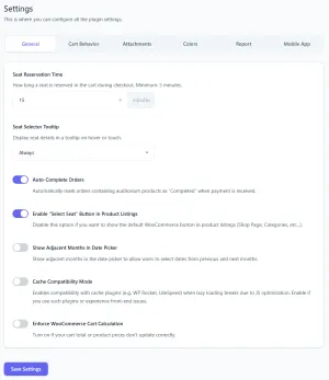 Seat Planner general settings in WooCommerce admin